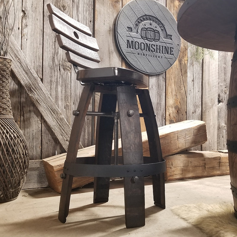 Whiskey Barrel (42") Table with Custom logo + 4 Bar Stools with backs - Handcrafted From A Reclaimed Whiskey Barrel and Oak wood