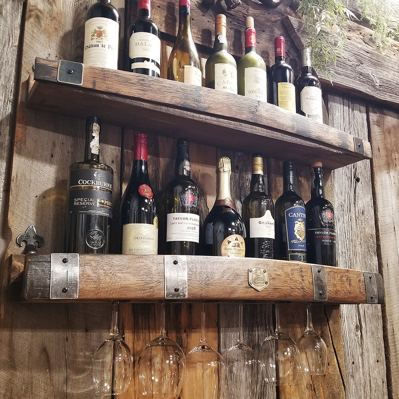 Handcrafted Whiskey Barrel Wall Shelf - Wine & Glencairn Glass Holder for Bourbon & Spirits Display