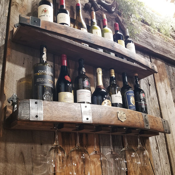 Handcrafted Whiskey Barrel Wall Shelf - Wine & Glencairn Glass Holder for Bourbon & Spirits Display