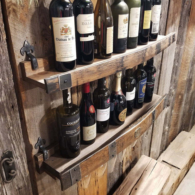 Handcrafted Whiskey Barrel Wall Shelf - Wine & Glencairn Glass Holder for Bourbon & Spirits Display