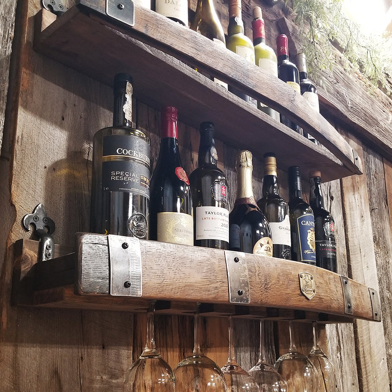 Handcrafted Whiskey Barrel Wall Shelf - Wine & Glencairn Glass Holder for Bourbon & Spirits Display
