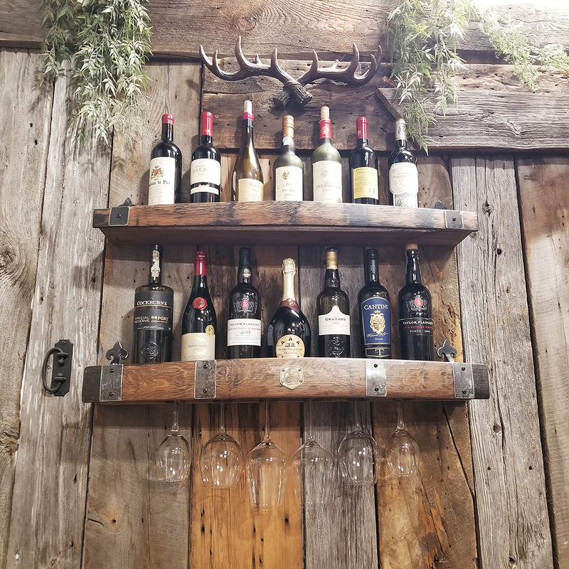 Handcrafted Whiskey Barrel Wall Shelf - Wine & Glencairn Glass Holder for Bourbon & Spirits Display