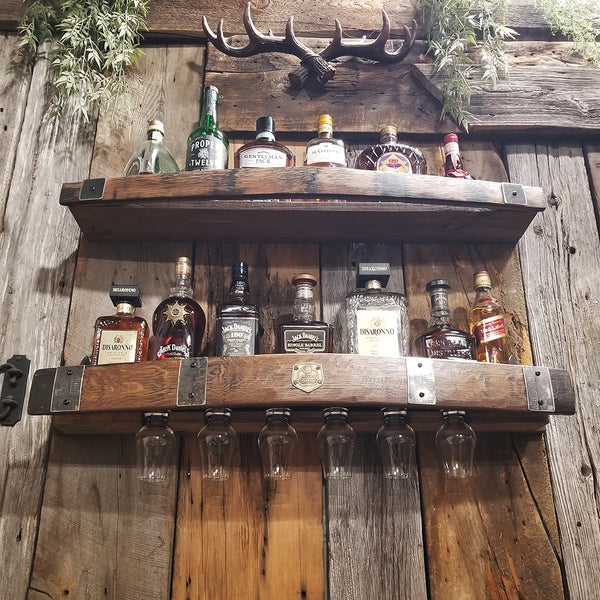 Handcrafted Whiskey Barrel Wall Shelf - Wine & Glencairn Glass Holder for Bourbon & Spirits Display