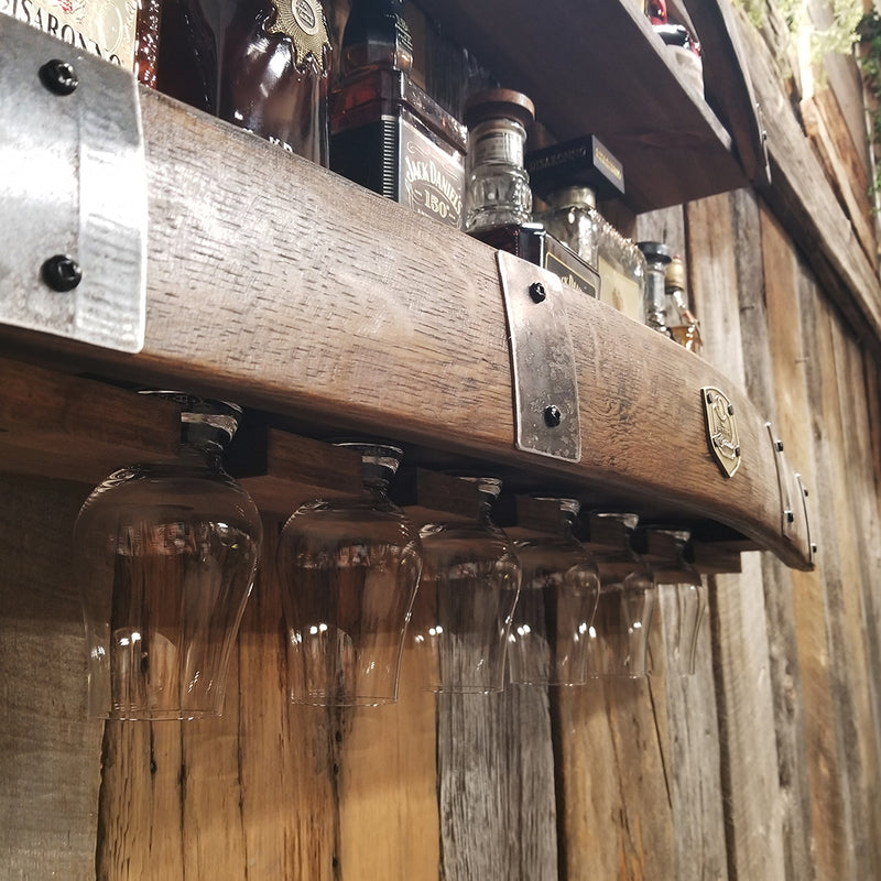 Handcrafted Whiskey Barrel Wall Shelf - Wine & Glencairn Glass Holder for Bourbon & Spirits Display