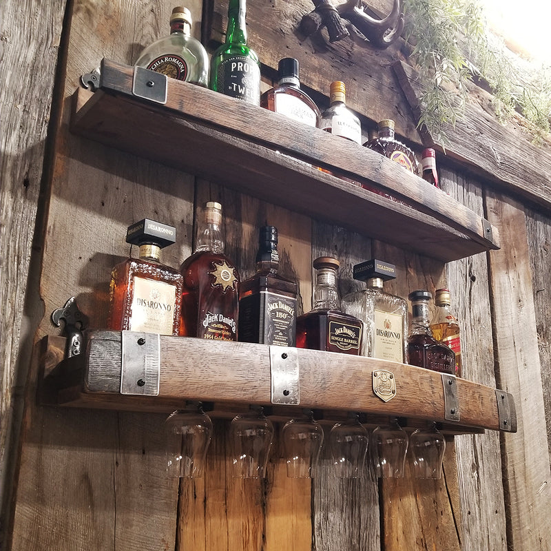 Handcrafted Whiskey Barrel Wall Shelf - Wine & Glencairn Glass Holder for Bourbon & Spirits Display