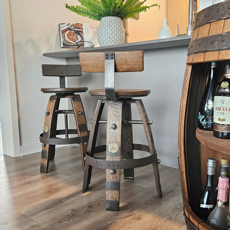 Handcrafted Whiskey Barrel Stool with Swivel Seat | Unique Rustic Home Bar Furniture- Handmade with a Full Whiskey Barrel from the 60's