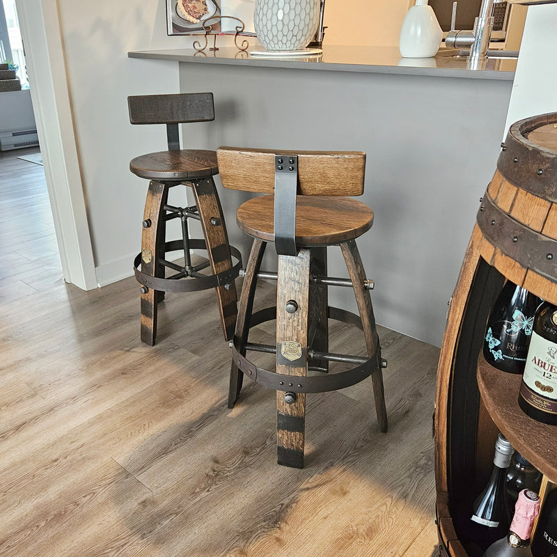 Handcrafted Whiskey Barrel Stool with Swivel Seat | Unique Rustic Home Bar Furniture- Handmade with a Full Whiskey Barrel from the 60's