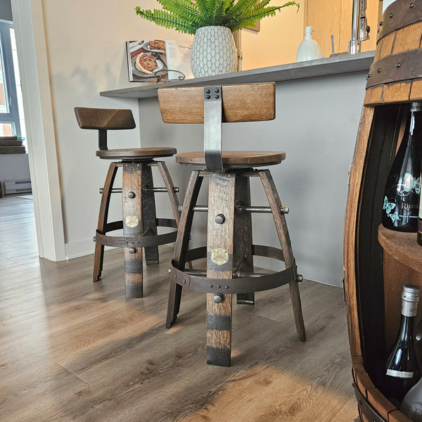 Handcrafted Whiskey Barrel Stool with Swivel Seat | Unique Rustic Home Bar Furniture- Handmade with a Full Whiskey Barrel from the 60's