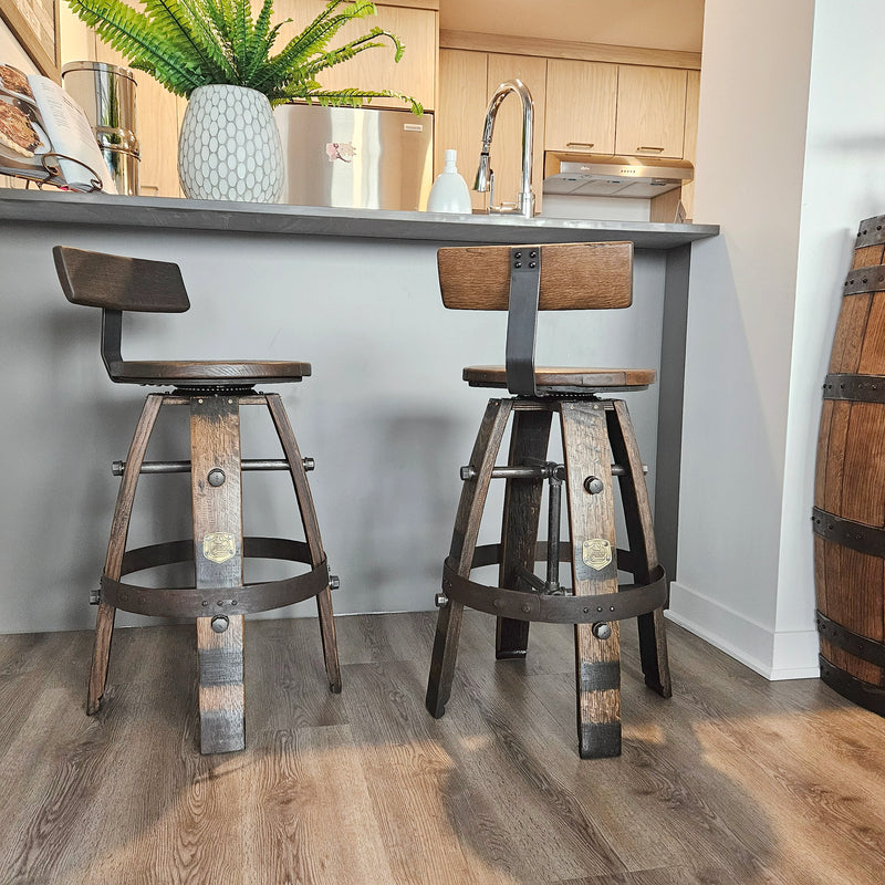 Handcrafted Whiskey Barrel Stool with Swivel Seat | Unique Rustic Home Bar Furniture- Handmade with a Full Whiskey Barrel from the 60's