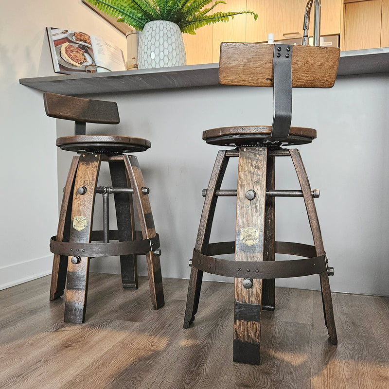 Handcrafted Whiskey Barrel Stool with Swivel Seat | Unique Rustic Home Bar Furniture- Handmade with a Full Whiskey Barrel from the 60's