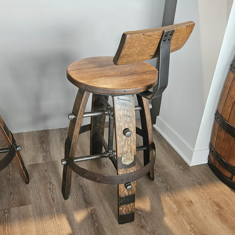 Handcrafted Whiskey Barrel Stool with Swivel Seat | Unique Rustic Home Bar Furniture- Handmade with a Full Whiskey Barrel from the 60's