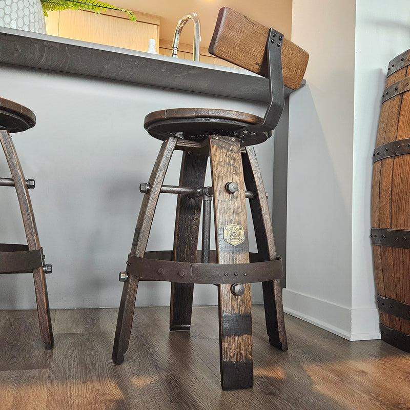 Handcrafted Whiskey Barrel Stool with Swivel Seat | Unique Rustic Home Bar Furniture- Handmade with a Full Whiskey Barrel from the 60's