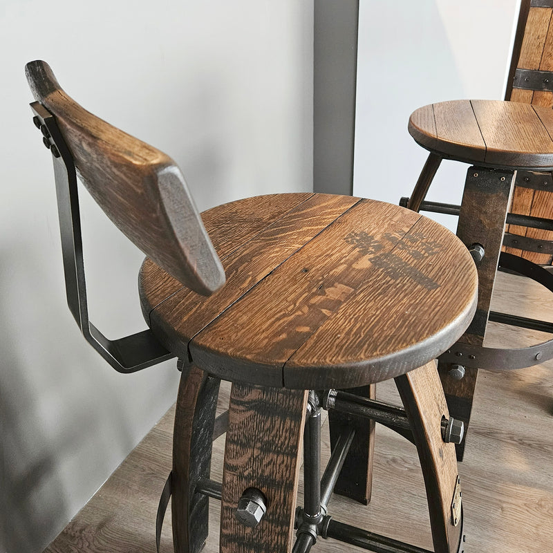 Handcrafted Whiskey Barrel Stool with Swivel Seat | Unique Rustic Home Bar Furniture- Handmade with a Full Whiskey Barrel from the 60's