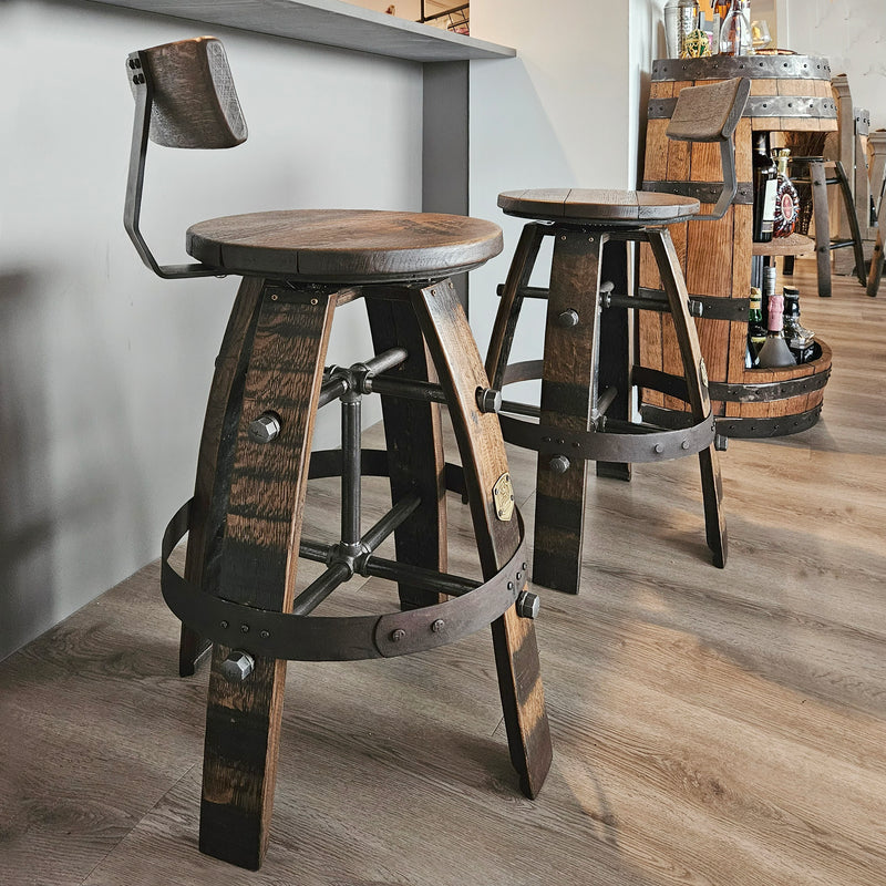 Handcrafted Whiskey Barrel Stool with Swivel Seat | Unique Rustic Home Bar Furniture- Handmade with a Full Whiskey Barrel from the 60's