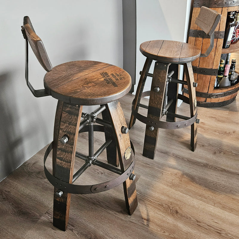 Handcrafted Whiskey Barrel Stool with Swivel Seat | Unique Rustic Home Bar Furniture- Handmade with a Full Whiskey Barrel from the 60's