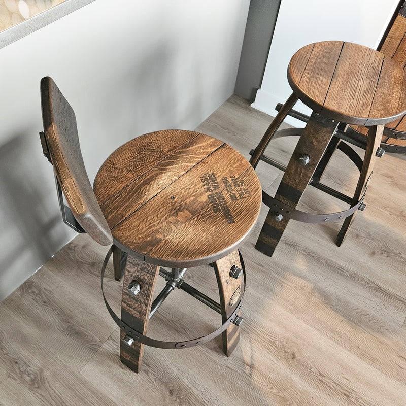 Handcrafted Whiskey Barrel Stool with Swivel Seat | Unique Rustic Home Bar Furniture- Handmade with a Full Whiskey Barrel from the 60's
