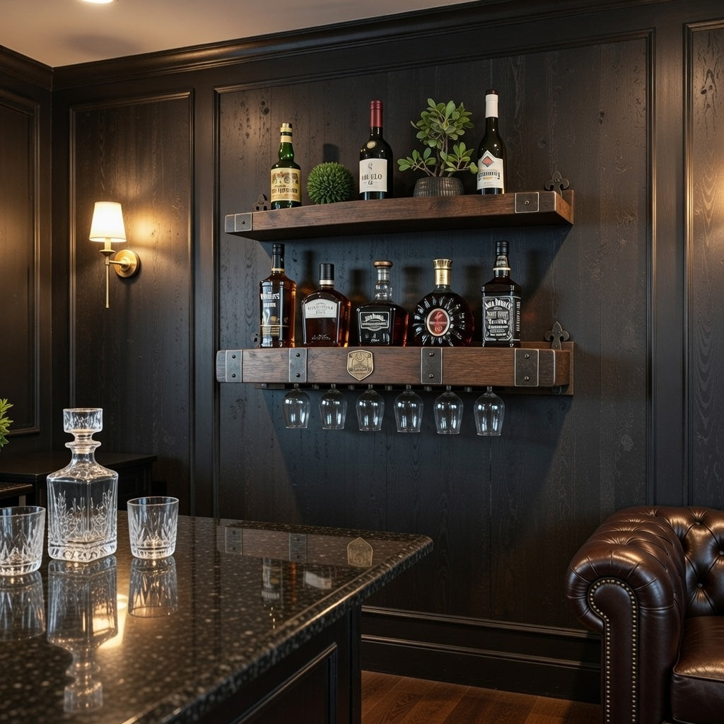 Whiskey Barrel Wall Shelf with Wine & Glencairn Glass Holder - Bourbon ...