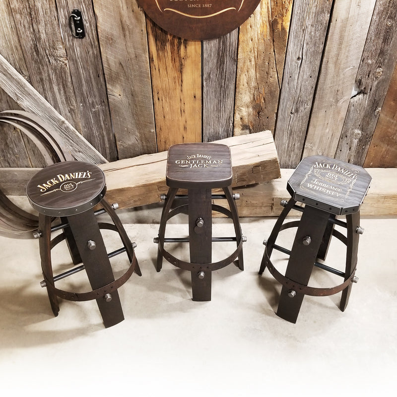 Custom Whiskey Barrel Bar Stool | Metal & Wood Expresso Finish for Home Bar & Mancave