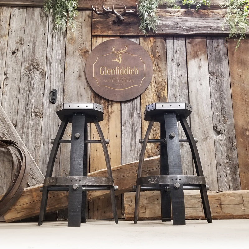 Custom Whiskey Barrel Bar Stool | Metal & Wood Expresso Finish for Home Bar & Mancave