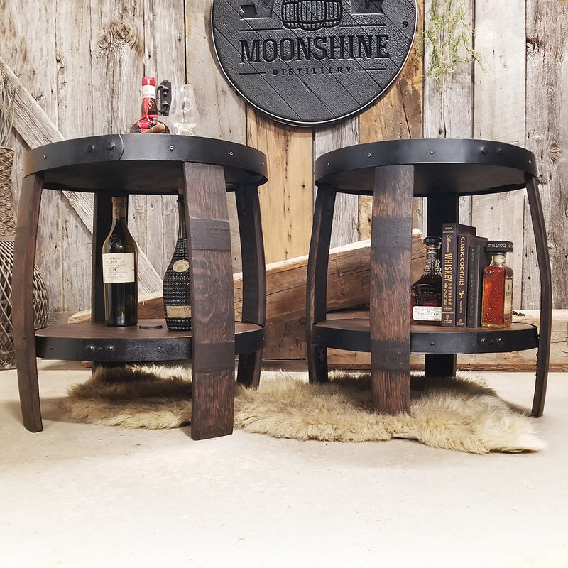 Logo top (custom engraving) end table made from authentic whiskey barrels with