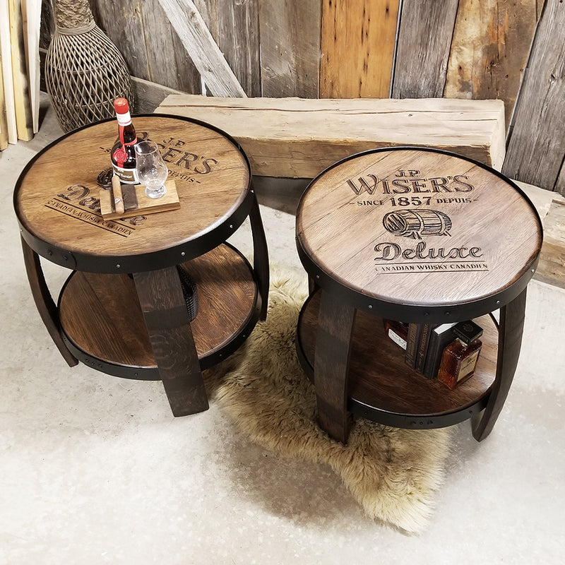 Logo top (custom engraving) end table made from authentic whiskey barrels with