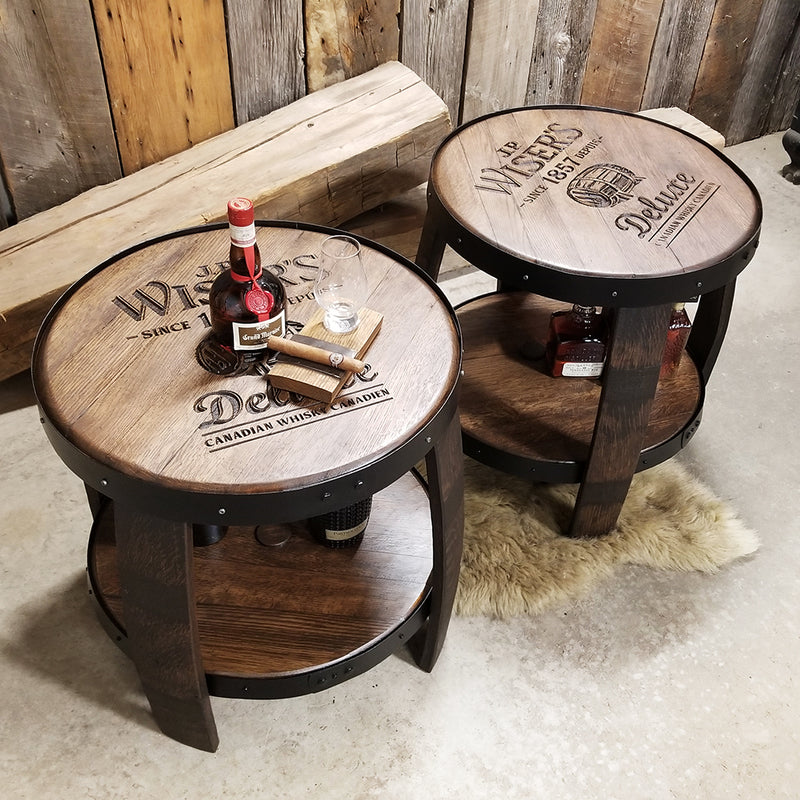 Logo top (custom engraving) end table made from authentic whiskey barrels with