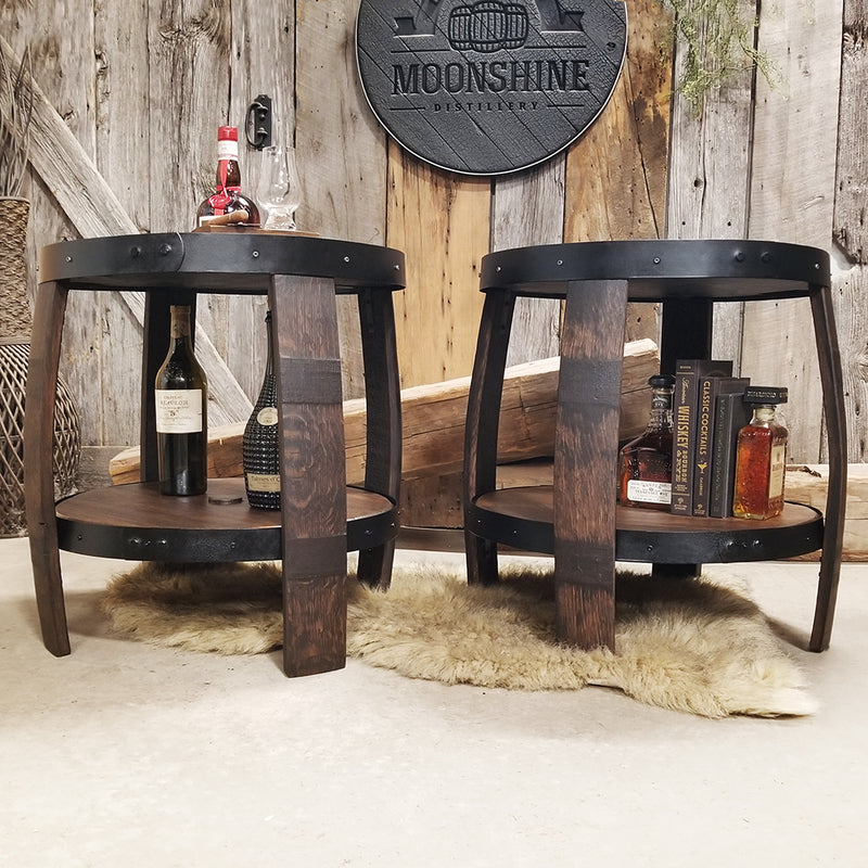 Logo top (custom engraving) end table made from authentic whiskey barrels with