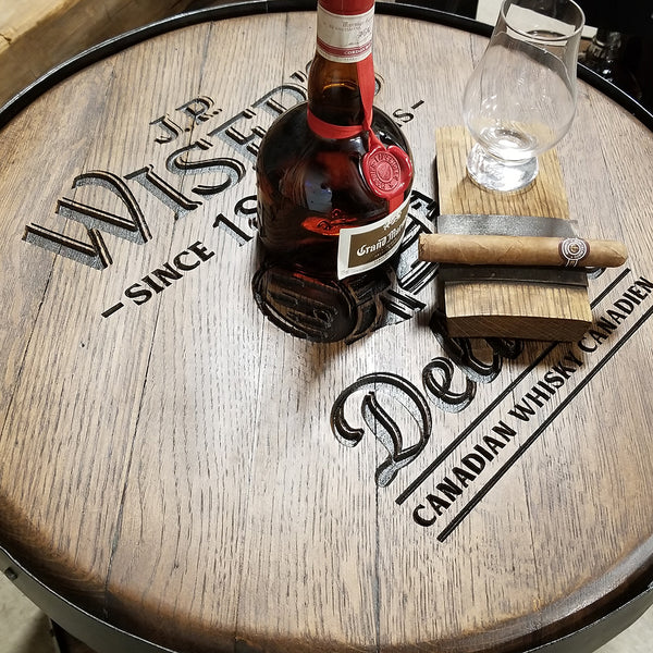 Logo top (custom engraving) end table made from authentic whiskey barrels with