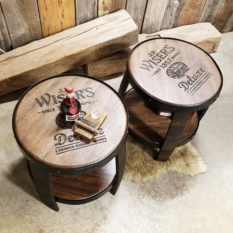 Logo top (custom engraving) end table made from authentic whiskey barrels with