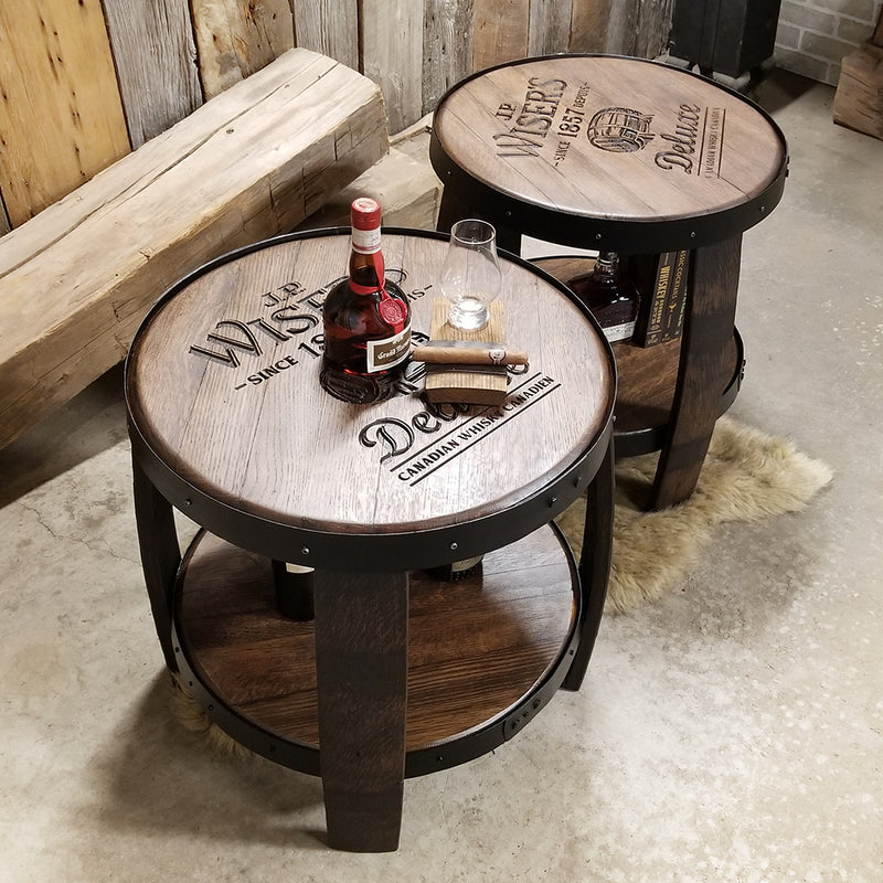 Logo top (custom engraving) end table made from authentic whiskey barrels with