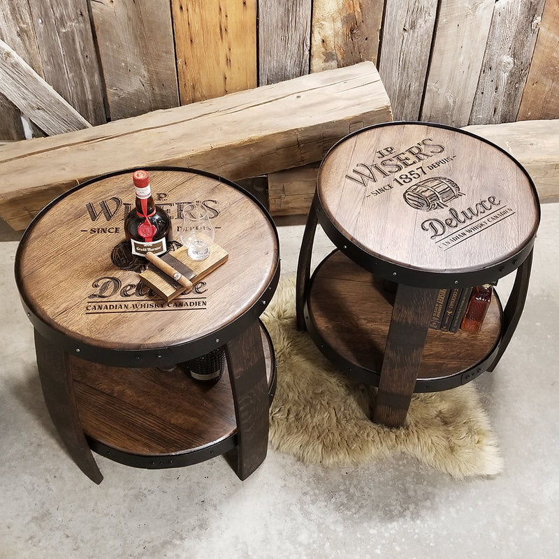 Logo top (custom engraving) end table made from authentic whiskey barrels with