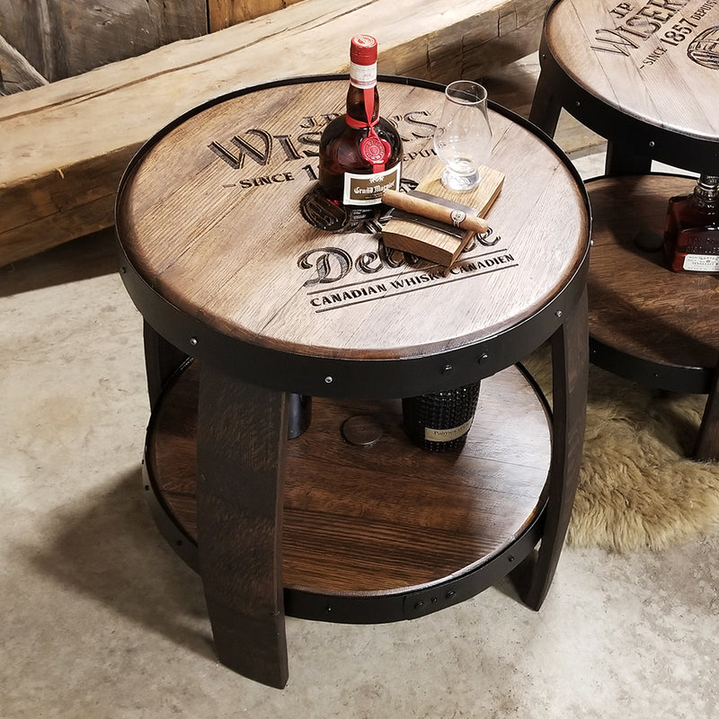 Logo top (custom engraving) end table made from authentic whiskey barrels with