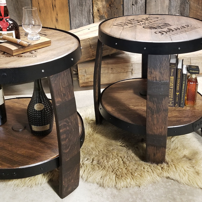 Logo top (custom engraving) end table made from authentic whiskey barrels with