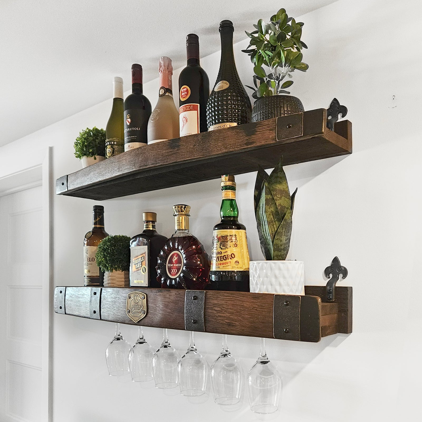 Whiskey Barrel Wall Shelf with Wine & Glencairn Glass Holder