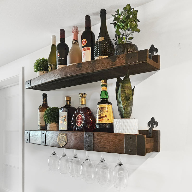 Whiskey Barrel Wall Shelf with Wine & Glencairn Glass Holder - Bourbon Liquor Display Rack