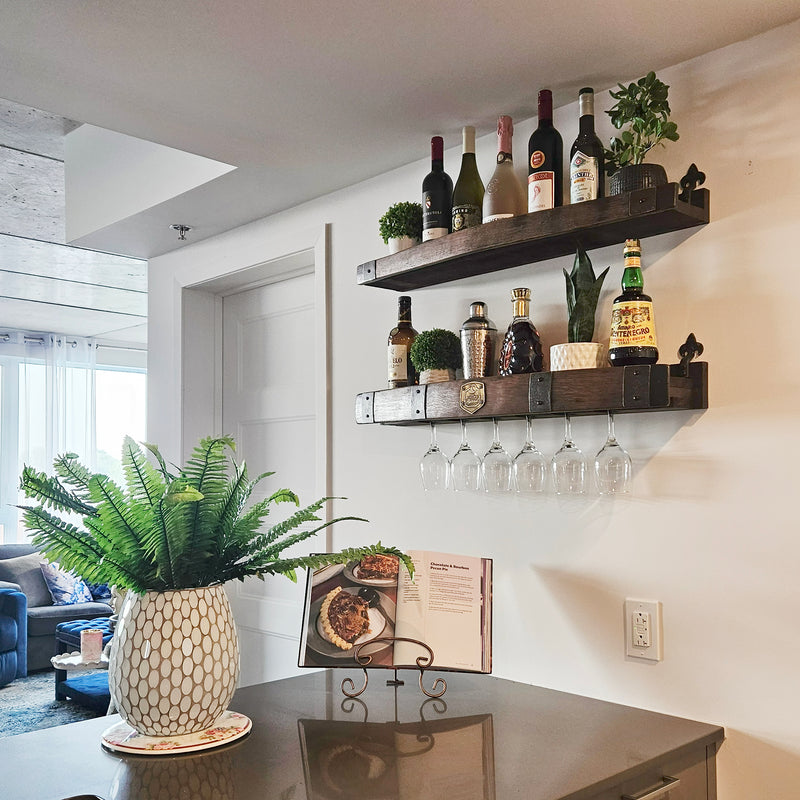 Whiskey Barrel Wall Shelf with Wine & Glencairn Glass Holder - Bourbon Liquor Display Rack