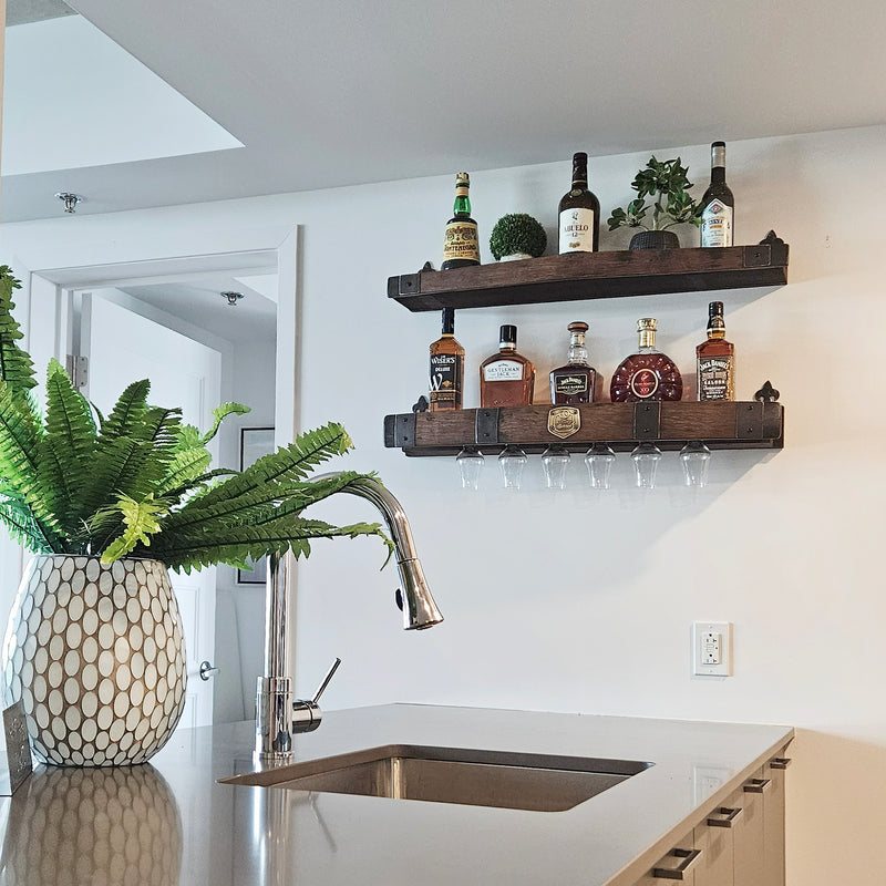 Whiskey Barrel Wall Shelf with Wine & Glencairn Glass Holder - Bourbon Liquor Display Rack