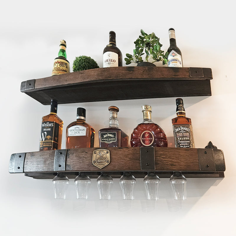 Whiskey Barrel Wall Shelf with Wine & Glencairn Glass Holder - Bourbon Liquor Display Rack