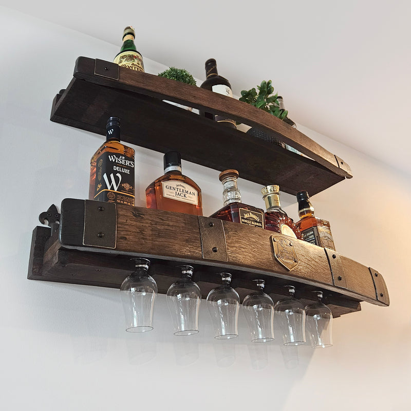 Whiskey Barrel Wall Shelf with Wine & Glencairn Glass Holder - Bourbon Liquor Display Rack