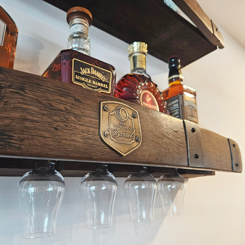 Whiskey Barrel Wall Shelf with Wine & Glencairn Glass Holder - Bourbon Liquor Display Rack