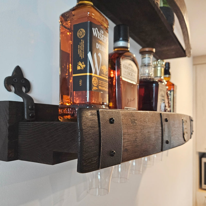 Whiskey Barrel Wall Shelf with Wine & Glencairn Glass Holder - Bourbon Liquor Display Rack