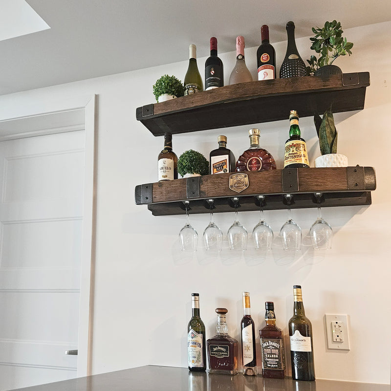 Whiskey Barrel Wall Shelf with Wine & Glencairn Glass Holder - Bourbon Liquor Display Rack