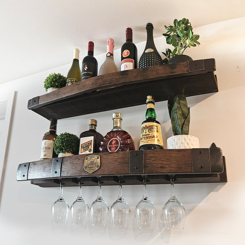 Whiskey Barrel Wall Shelf with Wine & Glencairn Glass Holder - Bourbon Liquor Display Rack
