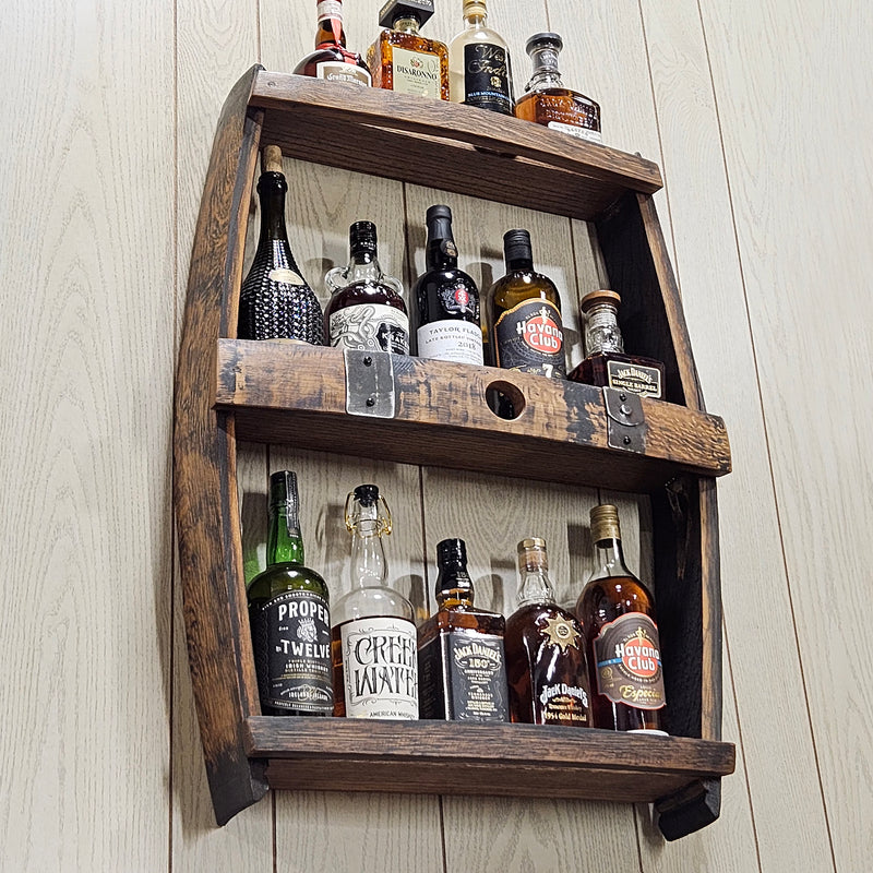 Whiskey Barrel Shelve Display - Whiskey Liquor Rack - Wall Liquor Cabinet - Whiskey Collector - Wall Bourbon Shelves - Whiskey Bottle Shelves