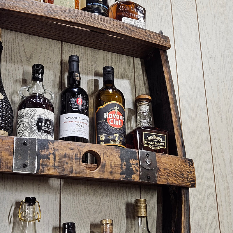 Whiskey Barrel Shelve Display - Whiskey Liquor Rack - Wall Liquor Cabinet - Whiskey Collector - Wall Bourbon Shelves - Whiskey Bottle Shelves