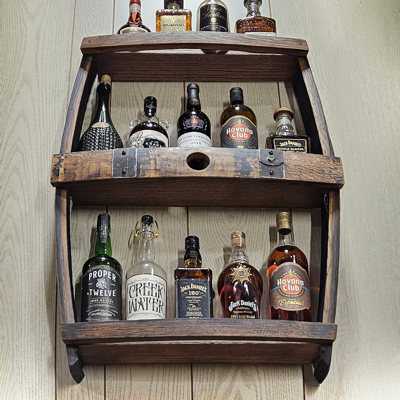 Whiskey Barrel Shelve Display - Whiskey Liquor Rack - Wall Liquor Cabinet - Whiskey Collector - Wall Bourbon Shelves - Whiskey Bottle Shelves