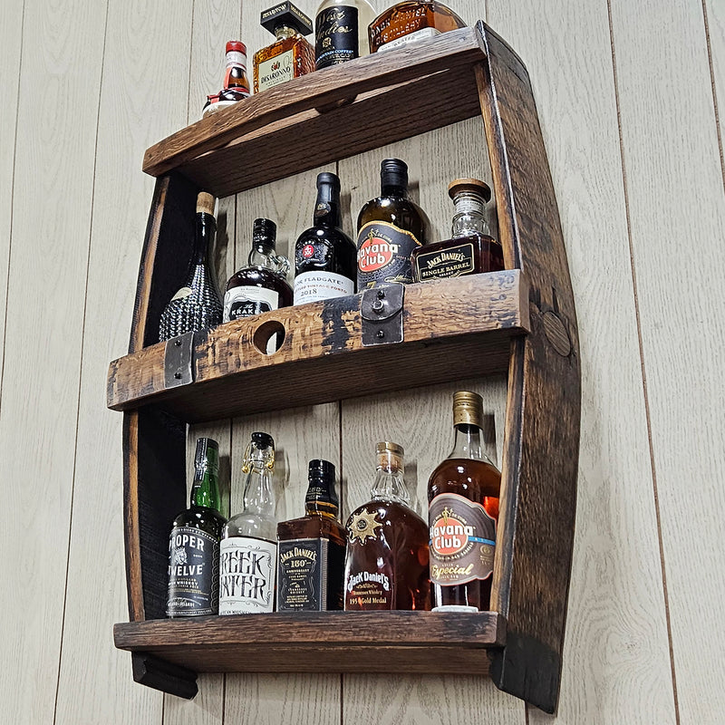 Whiskey Barrel Shelve Display - Whiskey Liquor Rack - Wall Liquor Cabinet - Whiskey Collector - Wall Bourbon Shelves - Whiskey Bottle Shelves