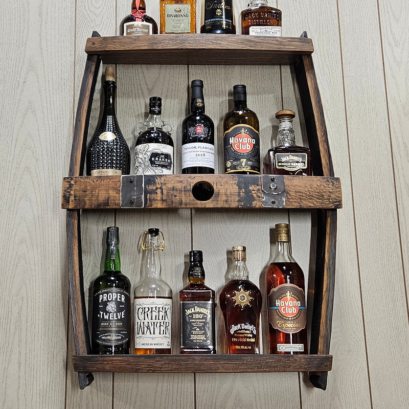 Whiskey Barrel Shelve Display - Whiskey Liquor Rack - Wall Liquor Cabinet - Whiskey Collector - Wall Bourbon Shelves - Whiskey Bottle Shelves