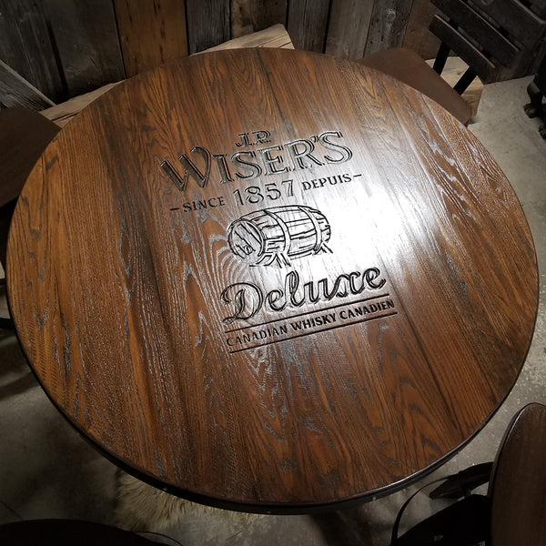 Whiskey Barrel (42") Table with Custom logo + 4 Bar Stools with backs - Handcrafted From A Reclaimed Whiskey Barrel and Oak wood