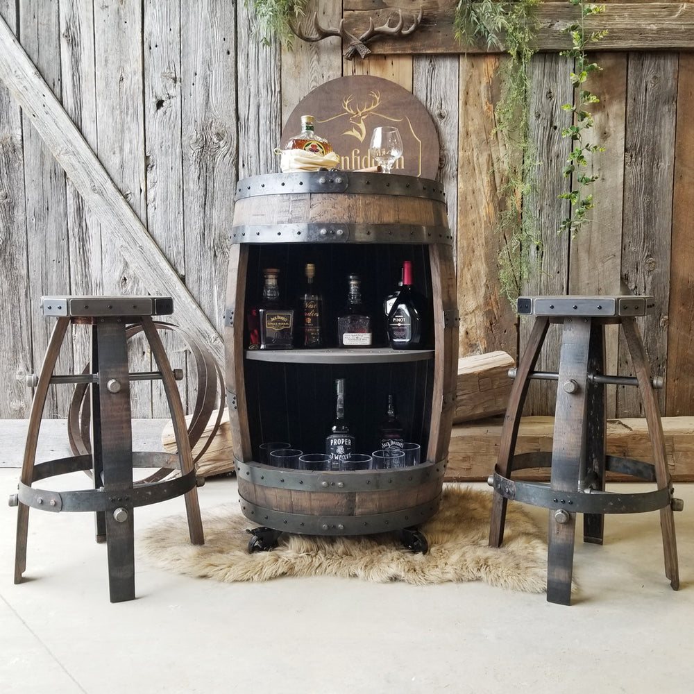 Whiskey Barrel Movable Cabinet + 2 Stool's Bar Kit – Custom